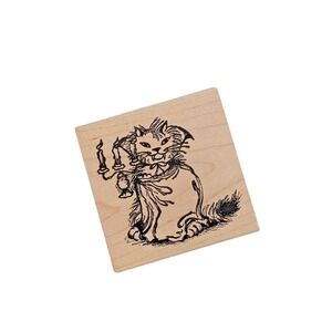Vintage Vampire Cat Rubber Stamp Halloween Dracula‎ Kitty Wood Mounted Magenta